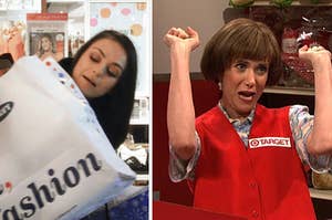 mila kunis in bad mom's christmas holding several shopping bags on the left and kristen wiig as target lady from SNL on the right