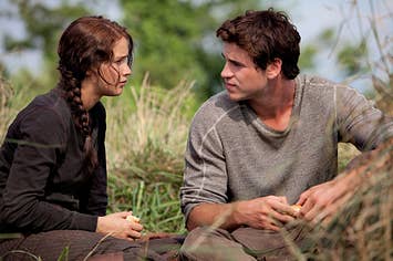 katniss and gale from the hunger games sitting in a field, looking at each other intensely