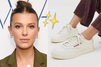 millie bobby brown on the left and reebok sneakers on the right