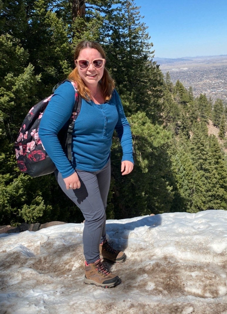 Reviewer is wearing black fleece-lined leggings while on a hike