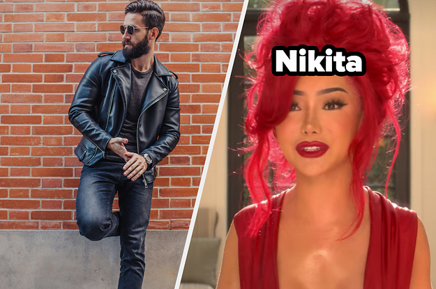 A man wears leather jacket with jeans and Nikita Dragun wears a brightly colored dress