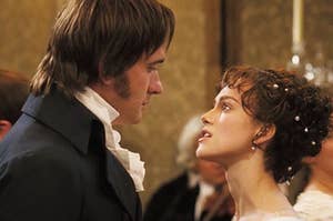 Mr. Darcy and Elizabeth from Pride and Prejudice staring into each other's eyes