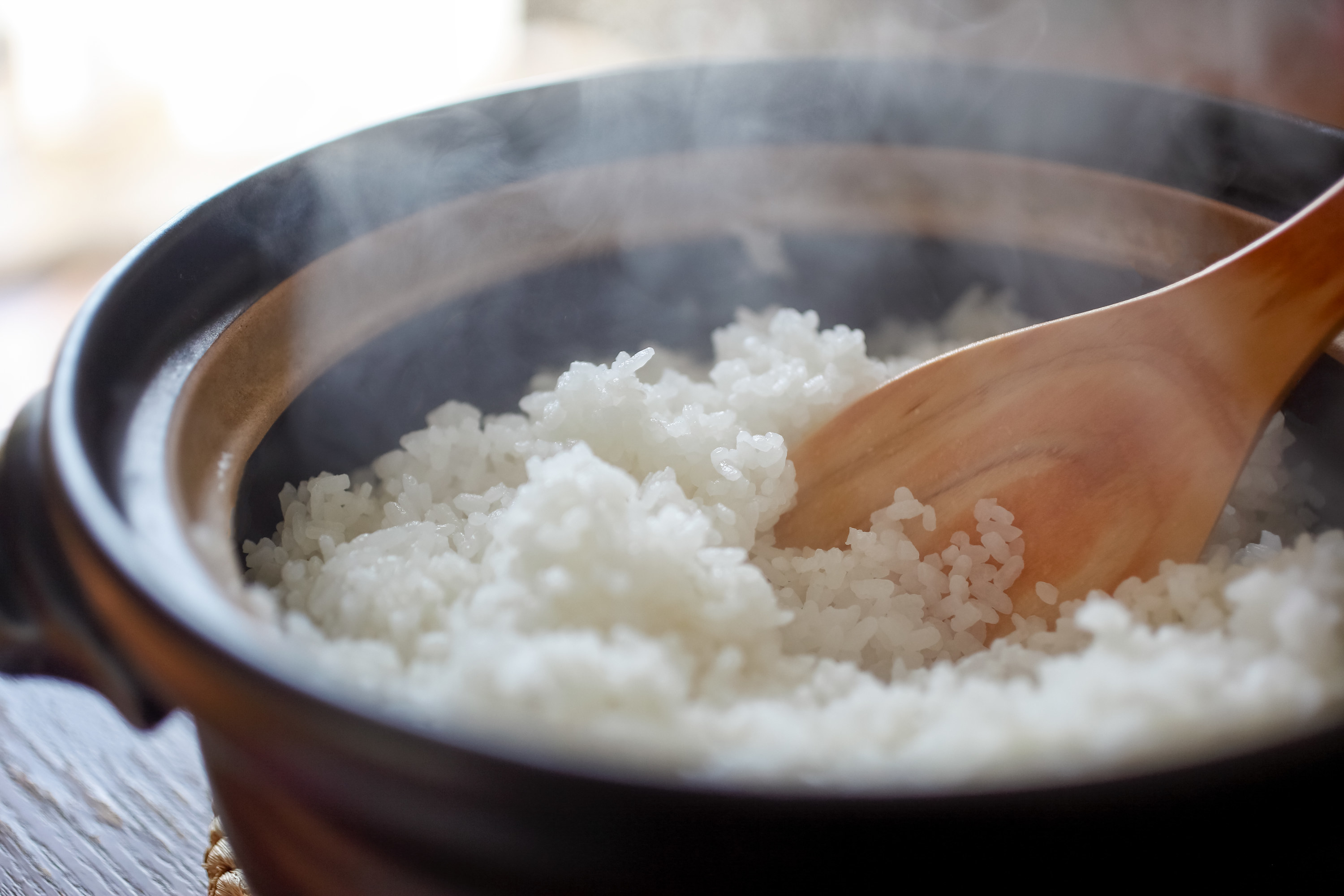 Pot of freshly-cooked, hot rice