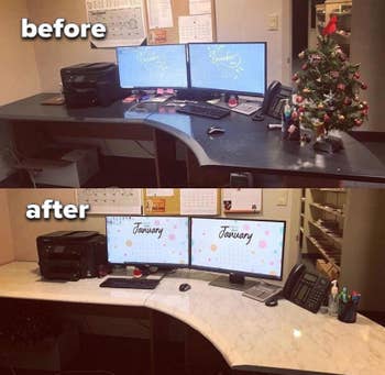 different reviewer's before and after shot featuring a plain black desk, followed by the same desk looking chic and shiny after the adhesive is applied
