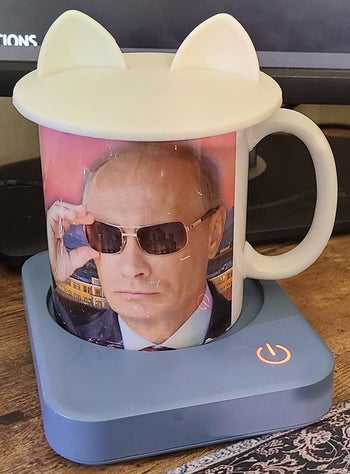 reviewer's mug on the mug warmer in sky blue