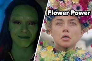 A close up of Gamora as she smiles and Florence Pugh as she wears a flower crown