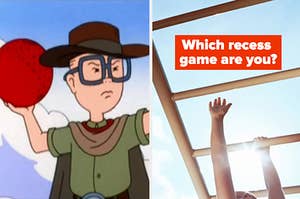 Gus is holding a dodgeball on the left with a kid on monkey bars on the right labeled, "Which recess game are you?"
