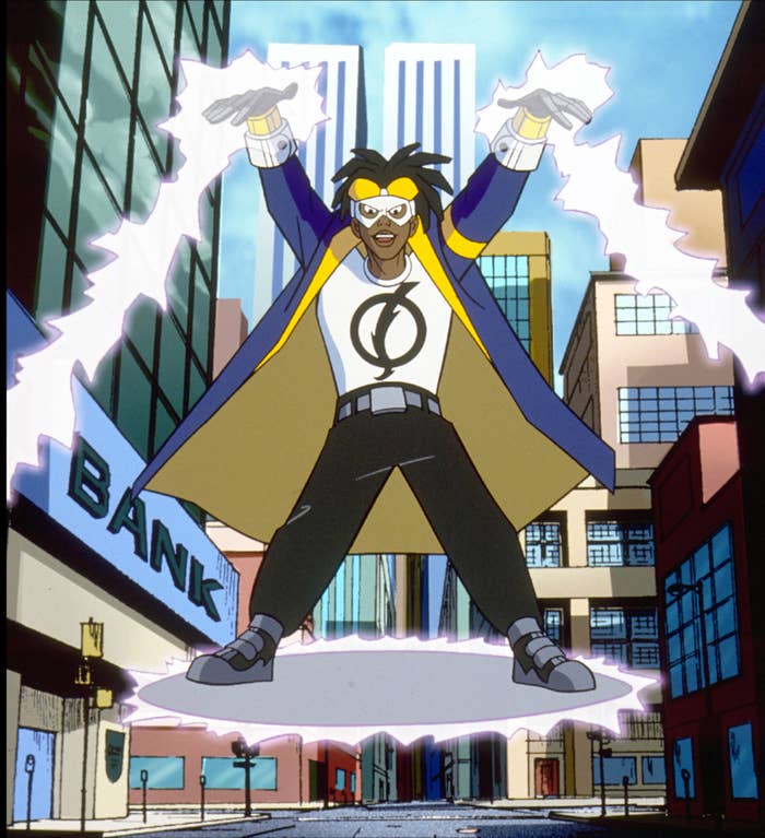 Virgil as &quot;Static Shock&quot; using his powers of electricity while flying through the city