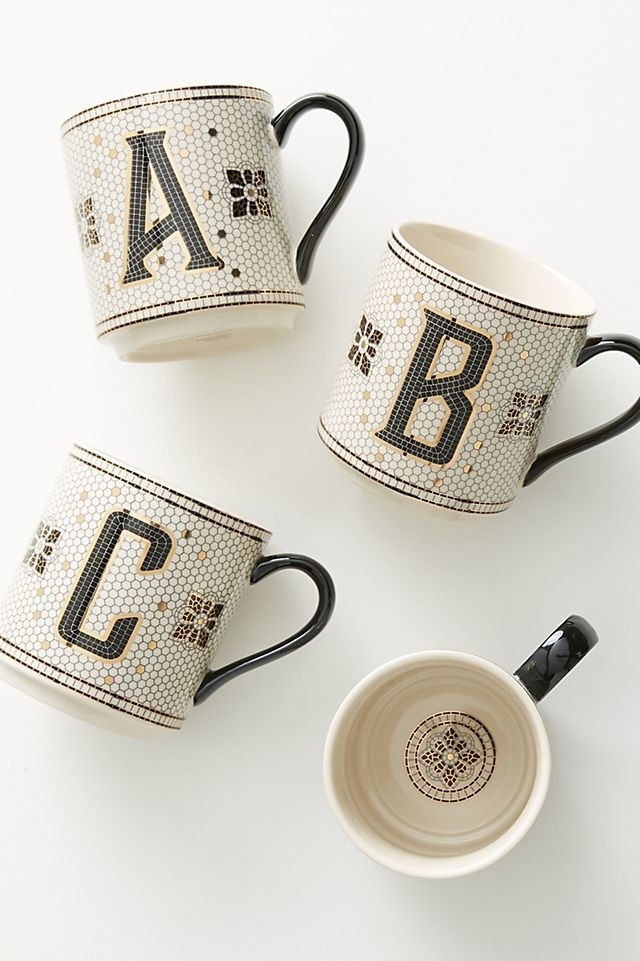 Tile monogrammed mugs in letters &quot;a,&quot; &quot;b,&quot; and &quot;c&quot;