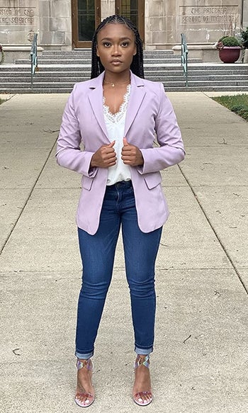 reviewer wearing the lavender blazer