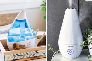 left: droplet-shaped blue humidified on a small tray. right: cone-shaped humidifier emitting steam next to viney plant