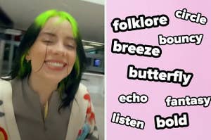 On the left, Billie Eilish smiling in the Therefore I Am music video, and on the right, a bunch of random words typed out