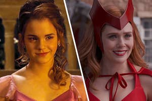 A close up of Hermione Granger with her hair pulled to the side and Wanda Maximoff as she wears a brightly colored crown