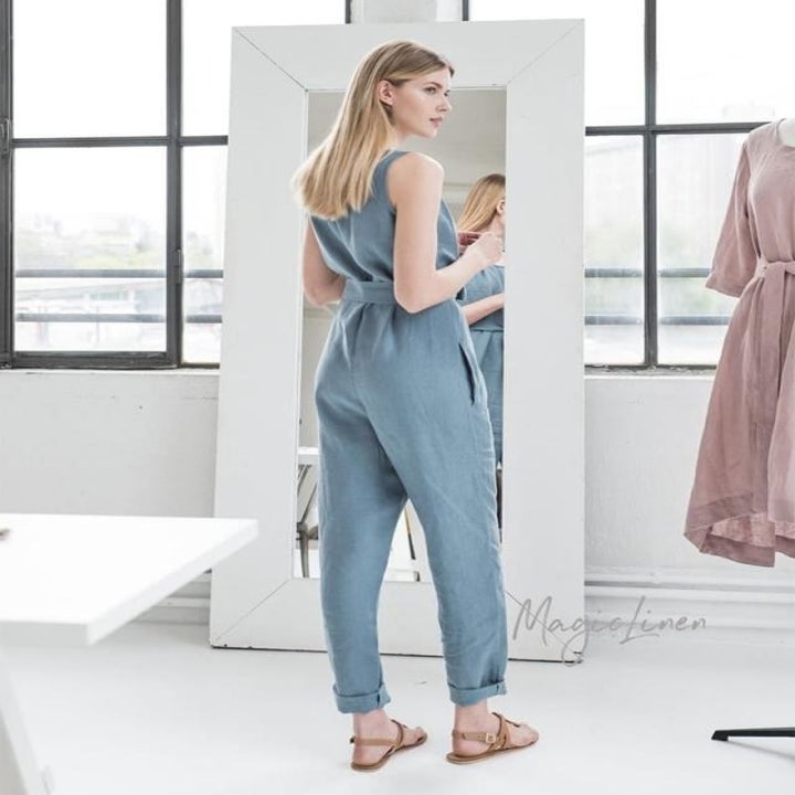 model wearing the light blue jumpsuit