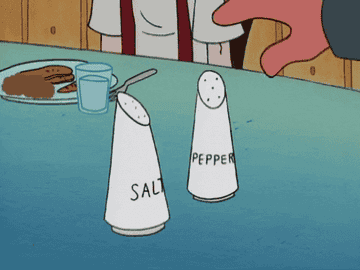 Cartoon reaching for salt and pepper shakers