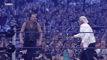 Ric Flair holds up Mickey Rourke&#x27;s arm