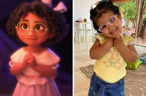 A side-by-side of a young Mirabel in Encanto and a 2-year-old girl who also has curly hair and glasses