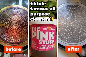 A split thumbnail of the pink stuff and a pan