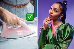 A woman is ironing on the left with Yara Shahidi on the right