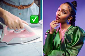 A woman is ironing on the left with Yara Shahidi on the right