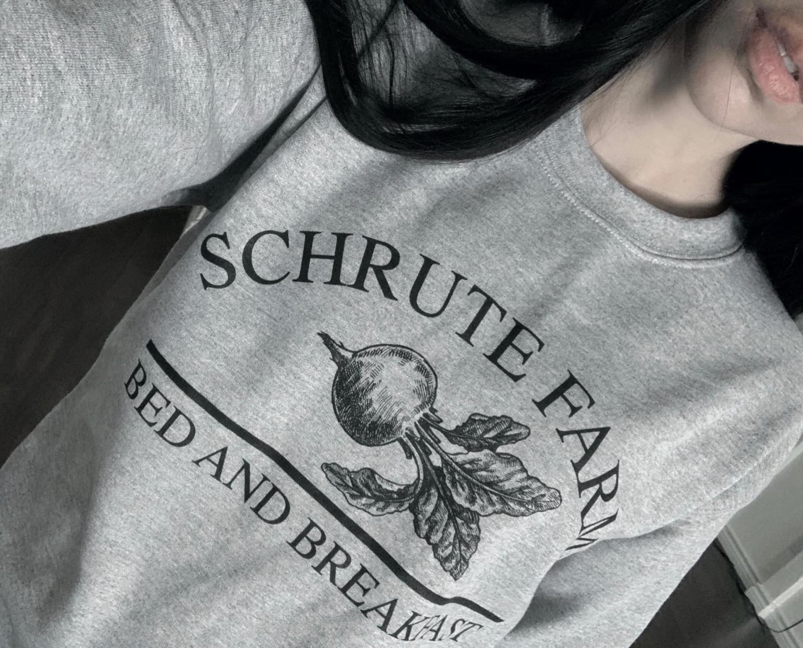 sweatshirt with beet on it that says schrute farm bed and breakfast