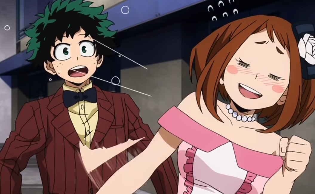 Midoriya complimenting Ochaco and her blushing profusely