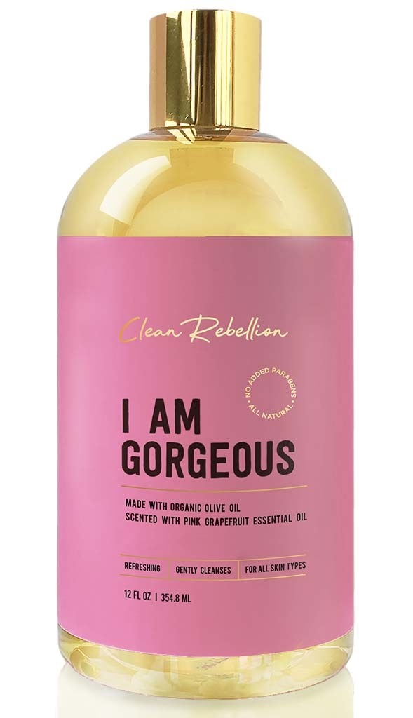 Bottle of pink and yellow soap that reads &quot;I am gorgeous&quot;