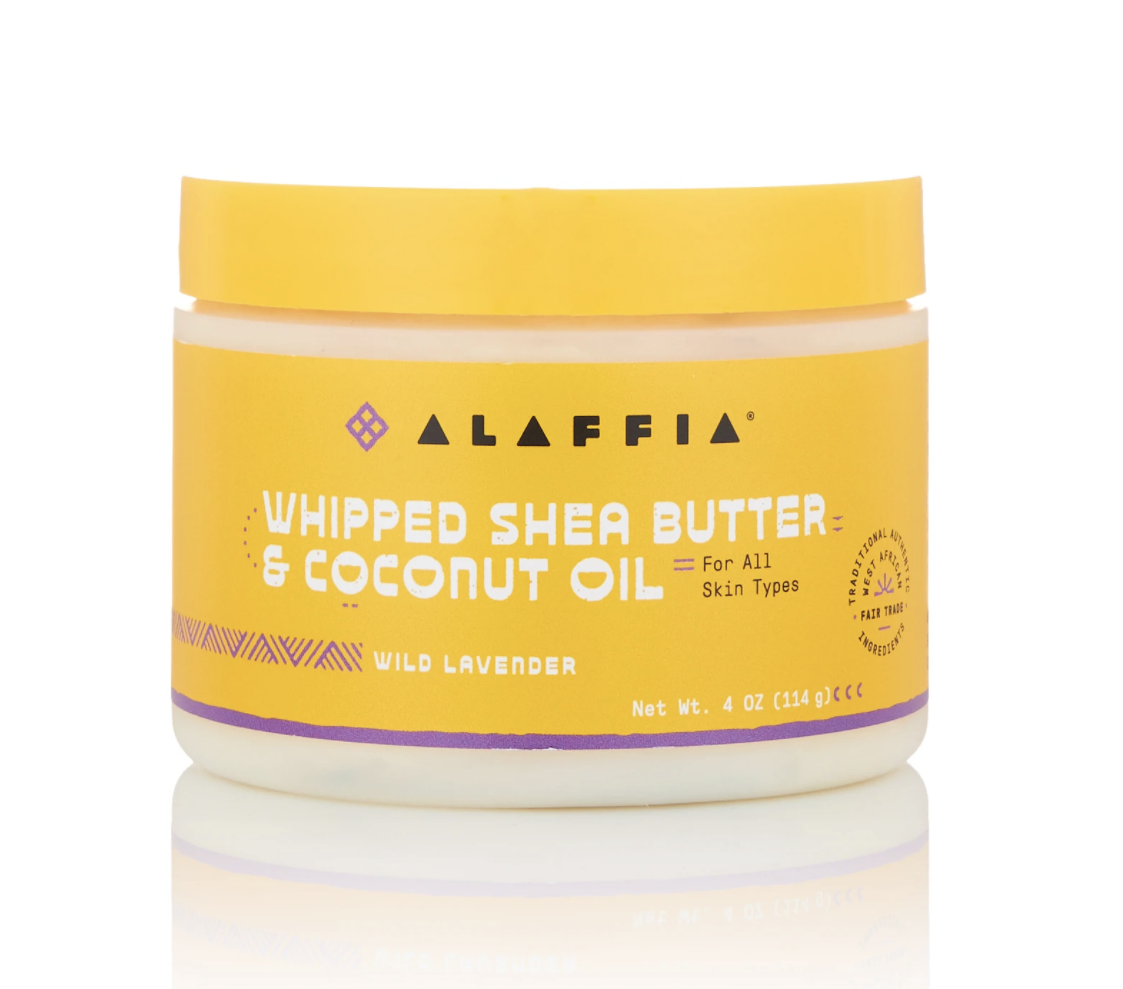 Yellow and purple jar of whipped shea butter that reads "Alaffia"