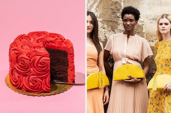 to the left: a cake with red roses on it, to the right: three models holding yellow half-moon shaped bags