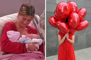 On the left, Rachel from Friends holding baby Emma, and on the right, someone wearing a sundress and holding balloons in front of their face