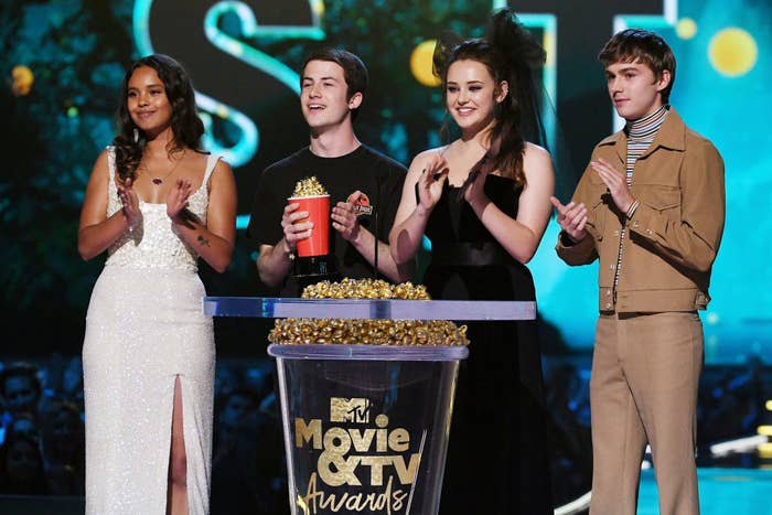 Dylan onstage at the MTV Movie and TV Awards with his 13 Reasons Why cast