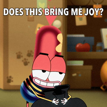 a cartoon hot dog clutching a bag and asking if it brings them joy