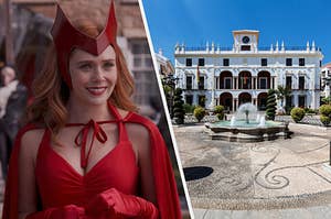 Wanda Maximoff wears a brightly colored crown and body suit and a mansion stands in front of a fountain