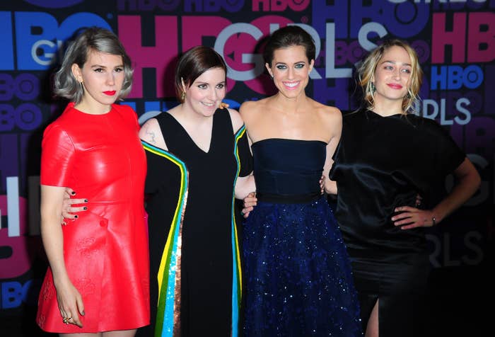 Zosia Mamet, Lena Dunham, Allison Williams, and Jemima Kirke pose for a picture together on the red carpet