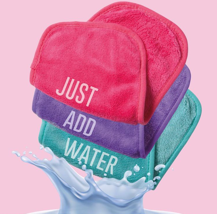 Three makeup cleansing cloths with &quot;just add water&quot; across them