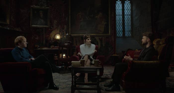 Rupert, Emma, and Daniel sitting in the common room discussing their experiences