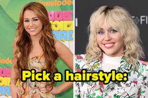 Miley Cyrus' long, warm-toned wavy hair next to her current light mullet 