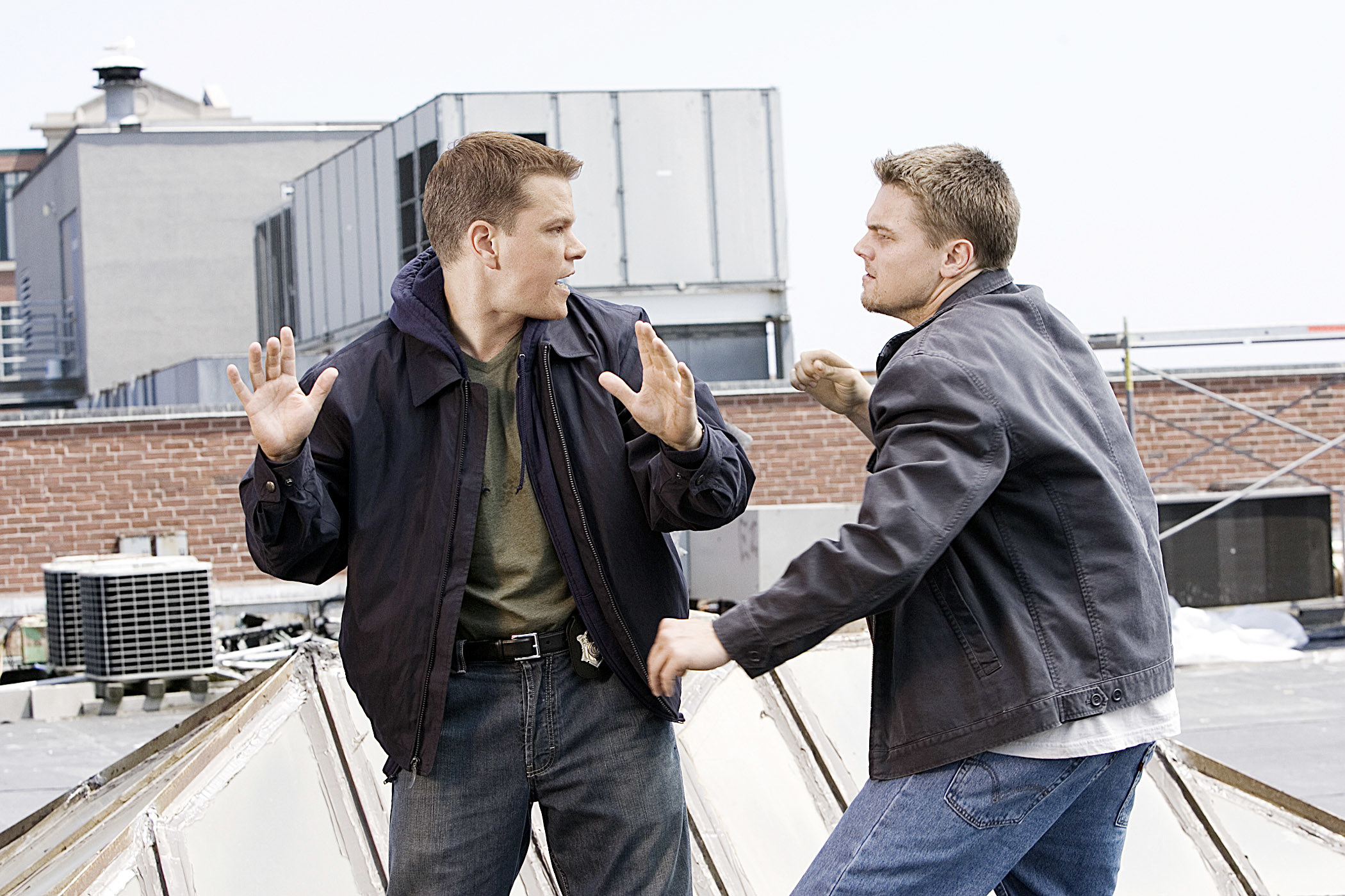Matt Damon and Leonardo DiCaprio on the roof at the end of the film
