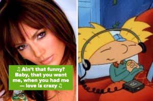 Jennifer Lopez in the "Ain't It Funny (Murder Remix)" music video; Arnold listening to music in "Hey Arnold!"