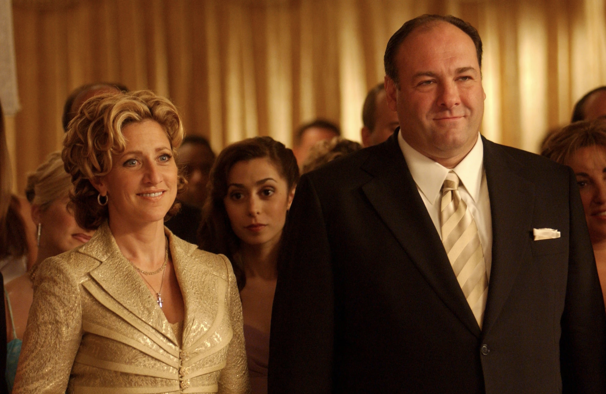 Edie Falco as Carmela Soprano and James Gandolfini as Tony Soprano at a public event in &quot;The Sopranos&quot;