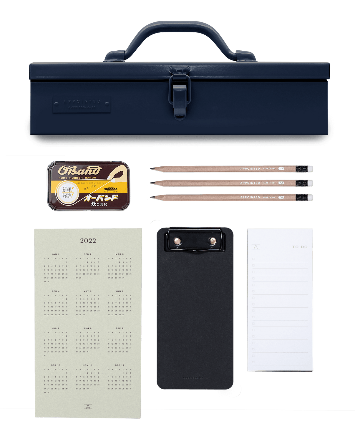 navy rectangular toolbox with everything laid out