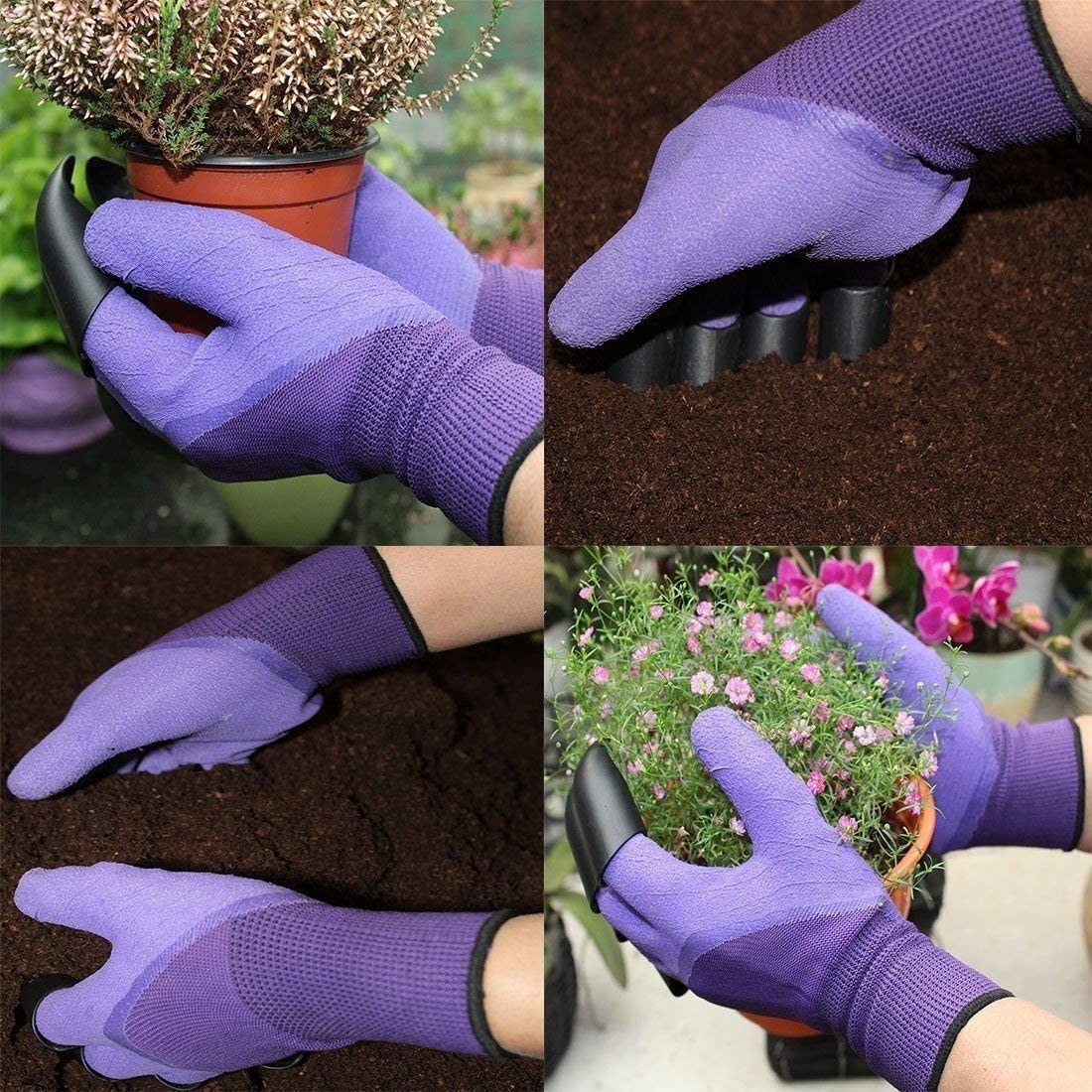 Reviewer using gloves with claws to garden