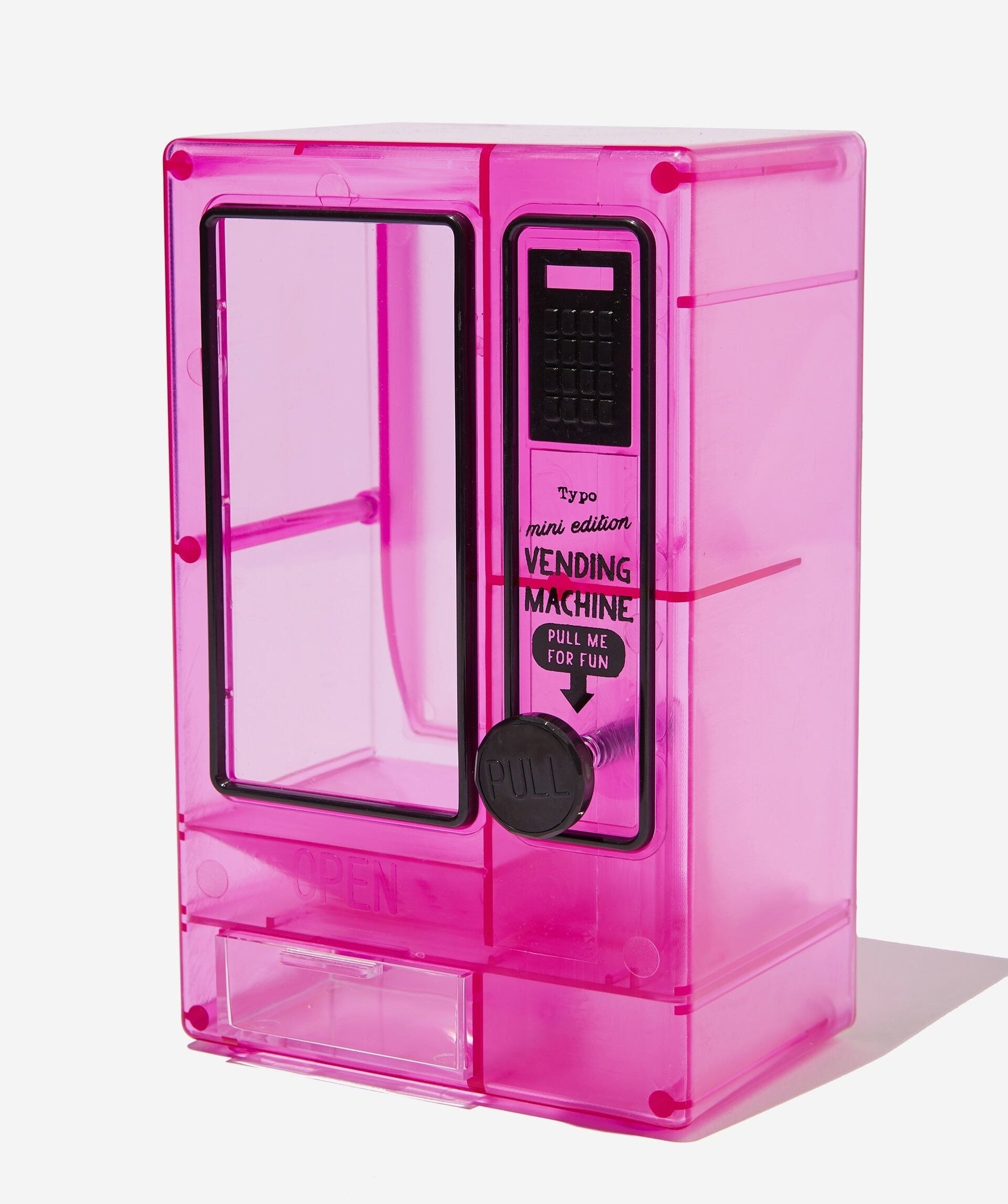 translucent pink vending machine with pull lever