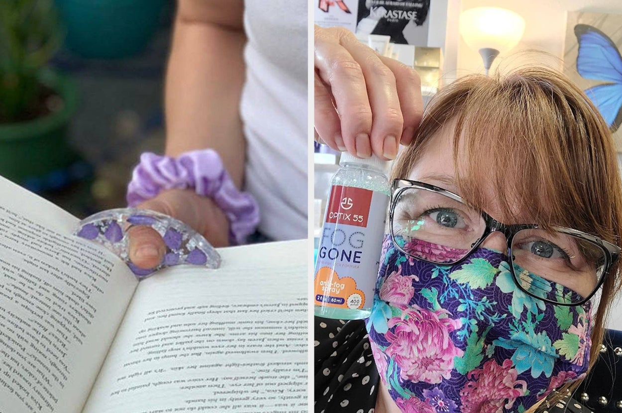 on left, thumb rests inside glittery resin book page holder. on right, reviewer wears non-foggy glasses with floral face mask