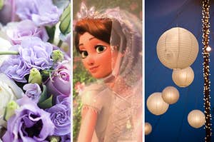 purple flowers on the left, rapunzel in the middle, and lanterns on the right
