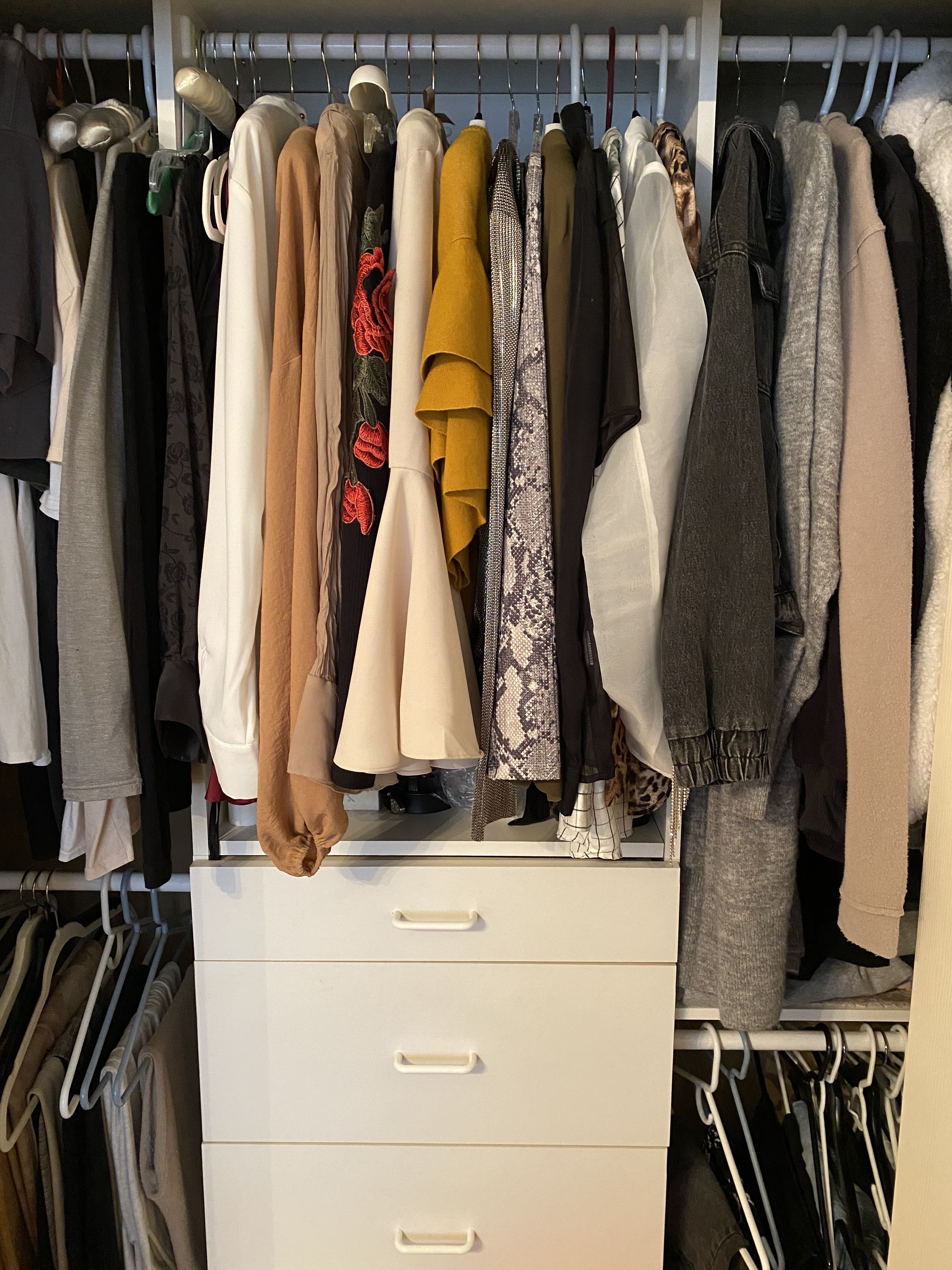 Different shelves and clothes hanging on hangers with draws in the middle