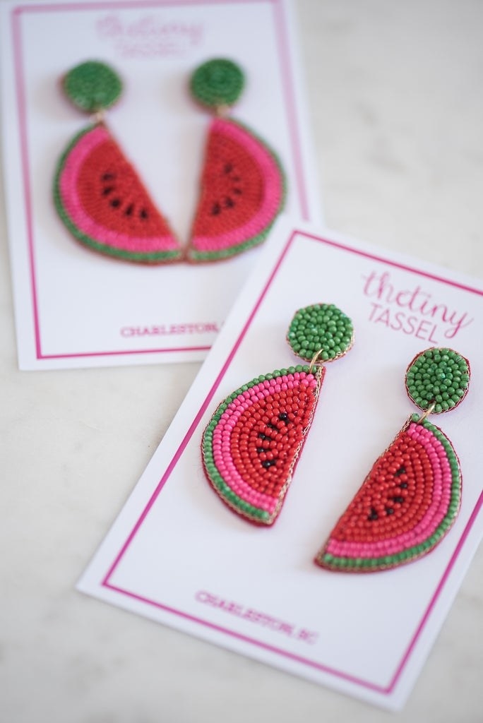 two pairs of beaded watermelon earrings