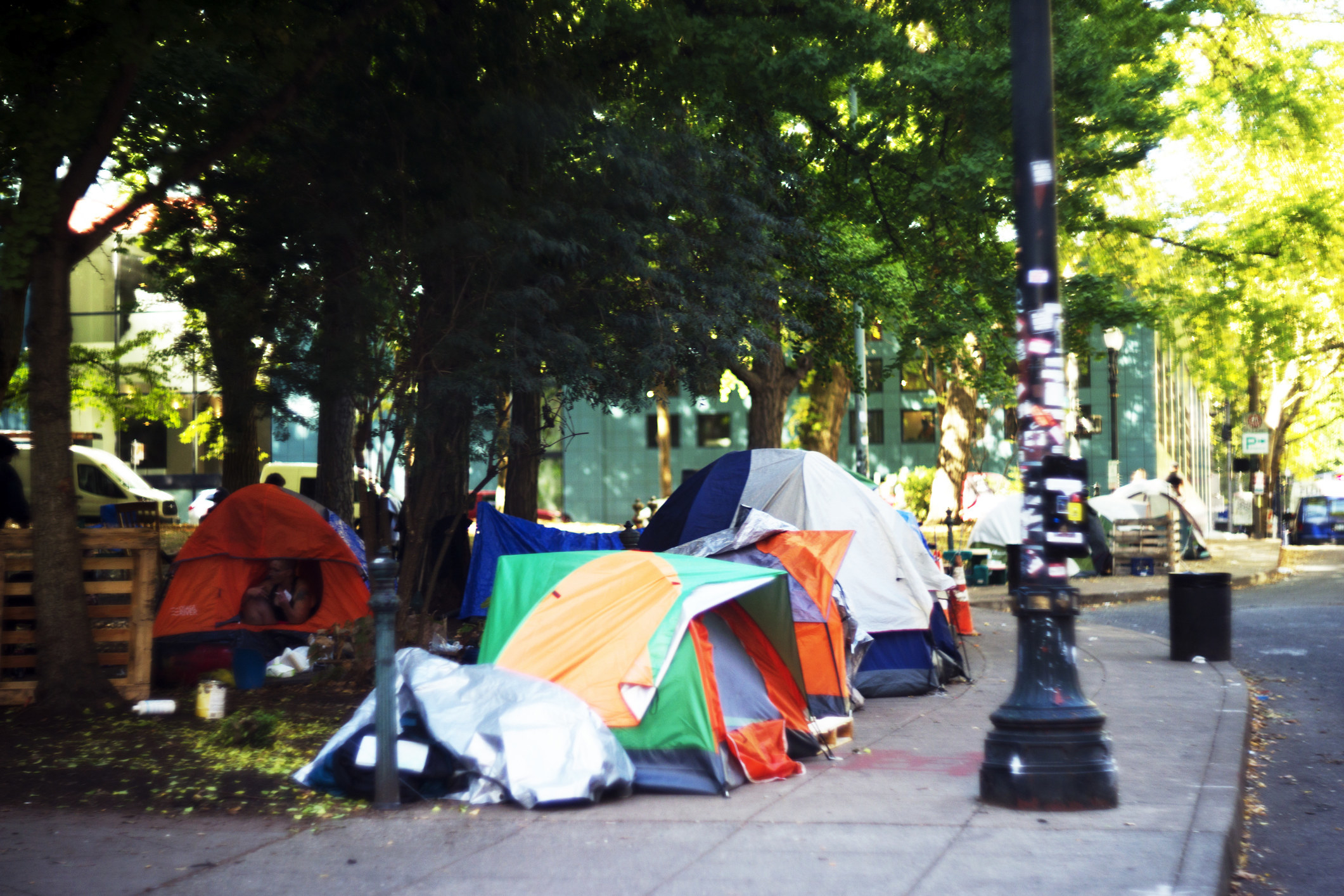 Unhoused people&#x27;s tents on the street