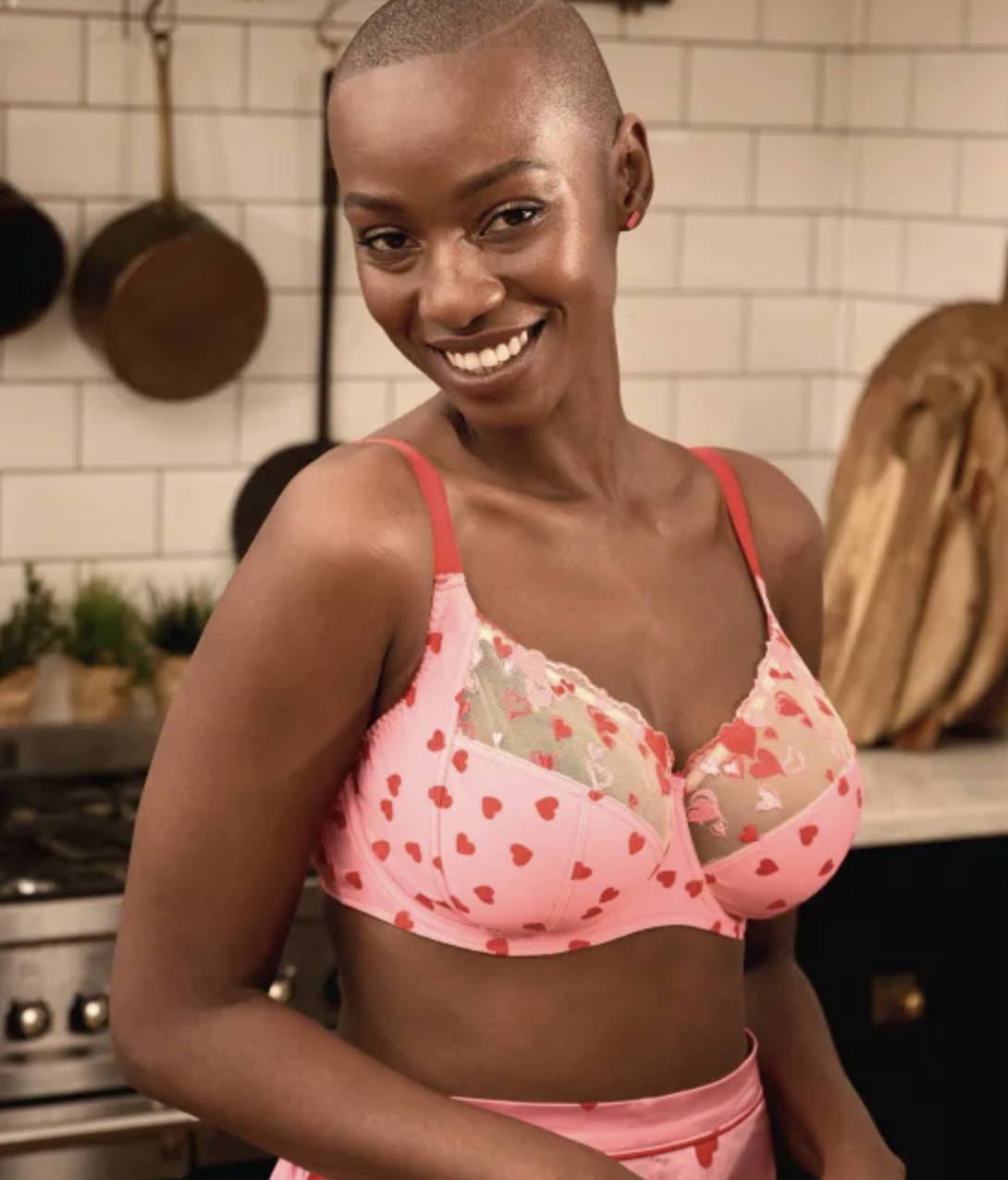 A model wearing the pink and red heart bra