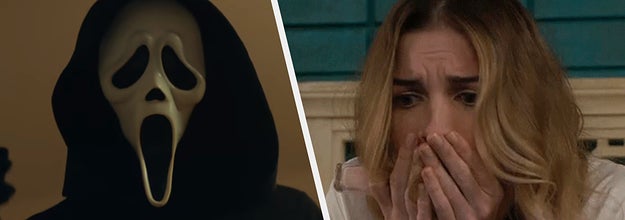 Split image of Ghostface from Scream and Alexis Rose looking shocked